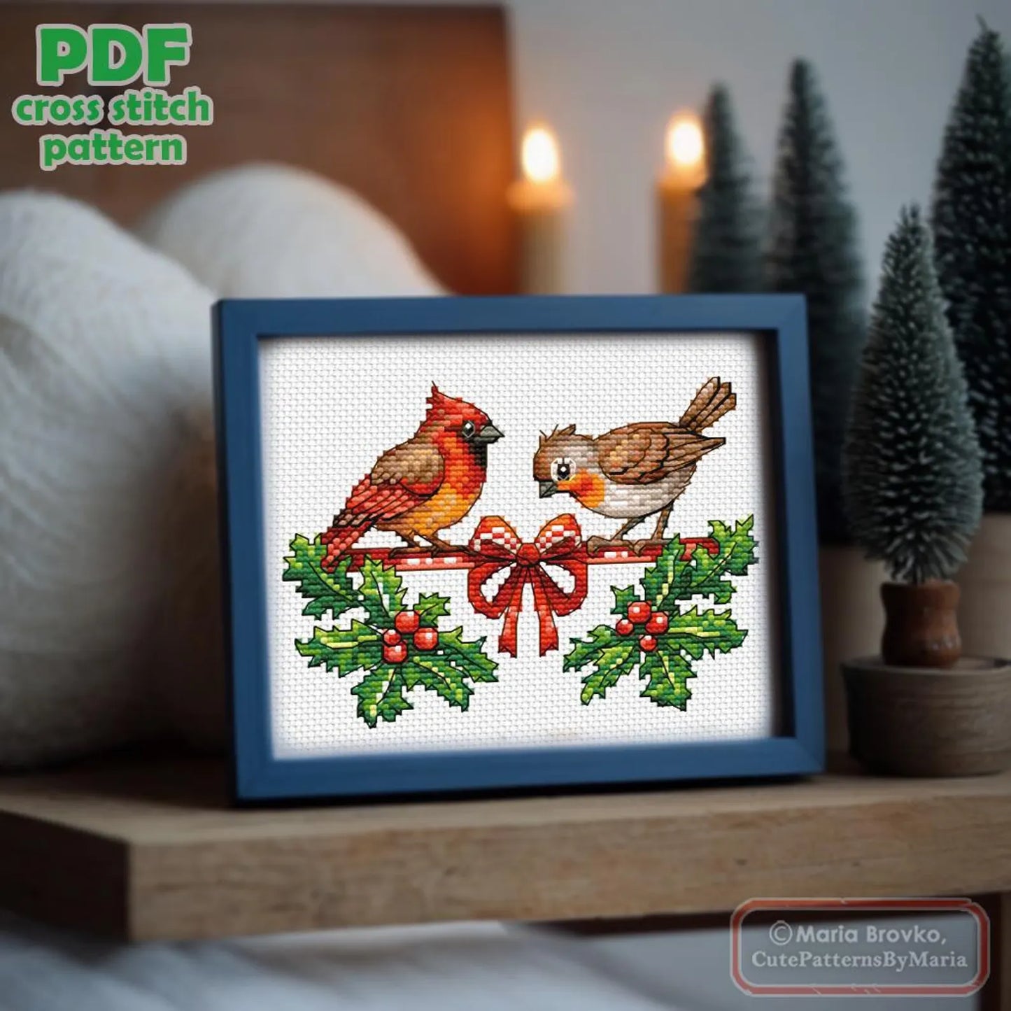 Cross Stitch Pattern Birds on a Christmas ribbon DMC Chart Printable PDF Instant Download