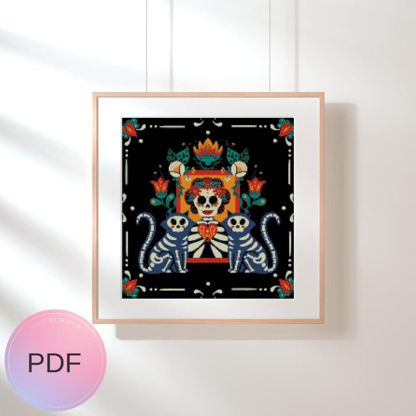 Folk Art Skeleton With Cat Skeletons Cross Stitch Pattern, Watercolor X Stitch Chart , Instant Download, Pdf, Day of the Dead