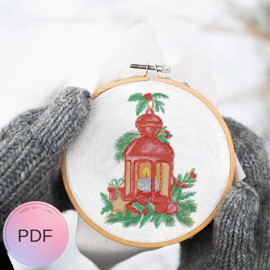 Christmas Lamp Cross Stitch Pattern , Deer X Stitch Chart ,Instant Download, Pdf , Santa, Christmas Ornament, Retro Lamp