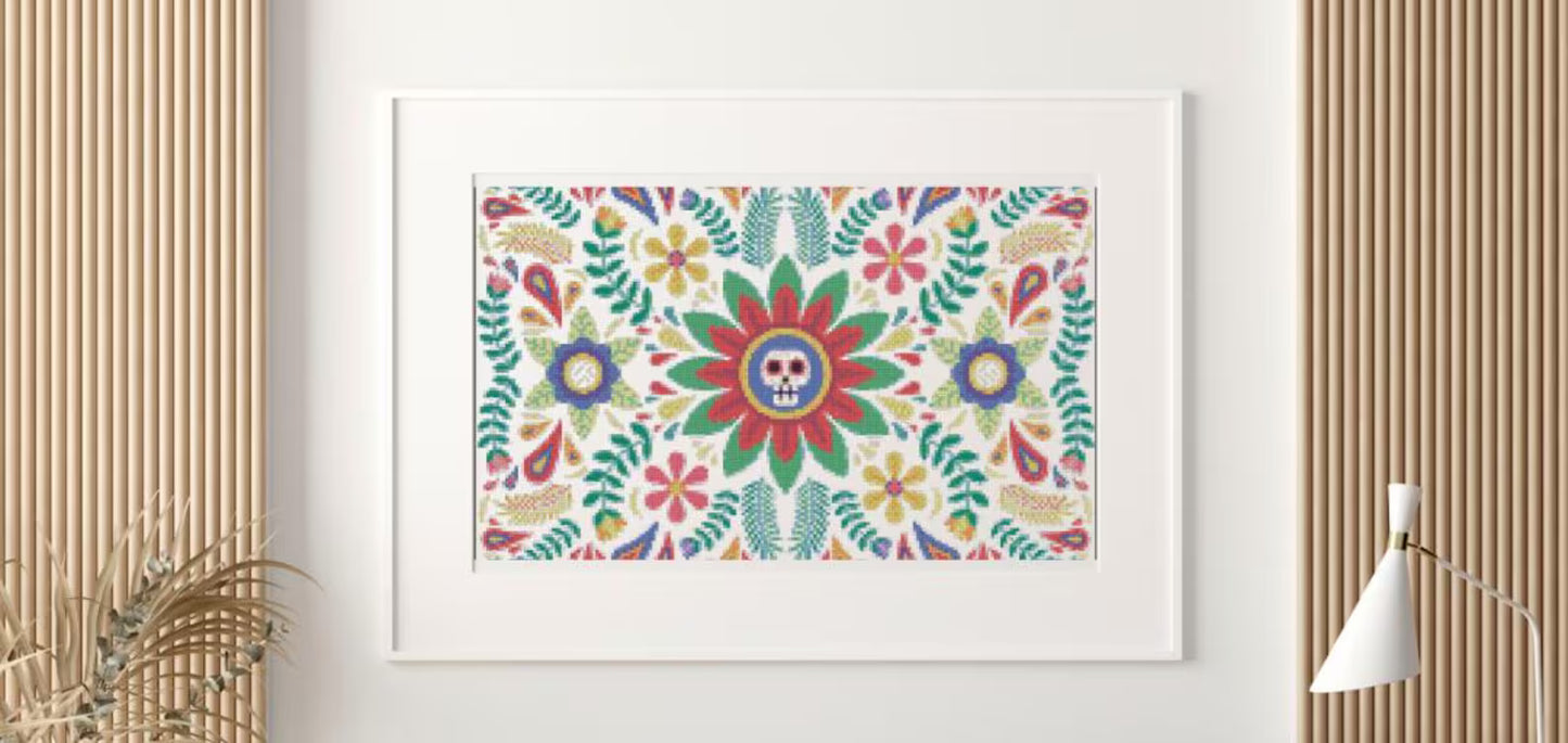 Mexican Skull Pattern Cross Stitch Pattern , Watercolor X Stitch Chart , Instant Download , Pdf, Folk Art, Day of the Dead