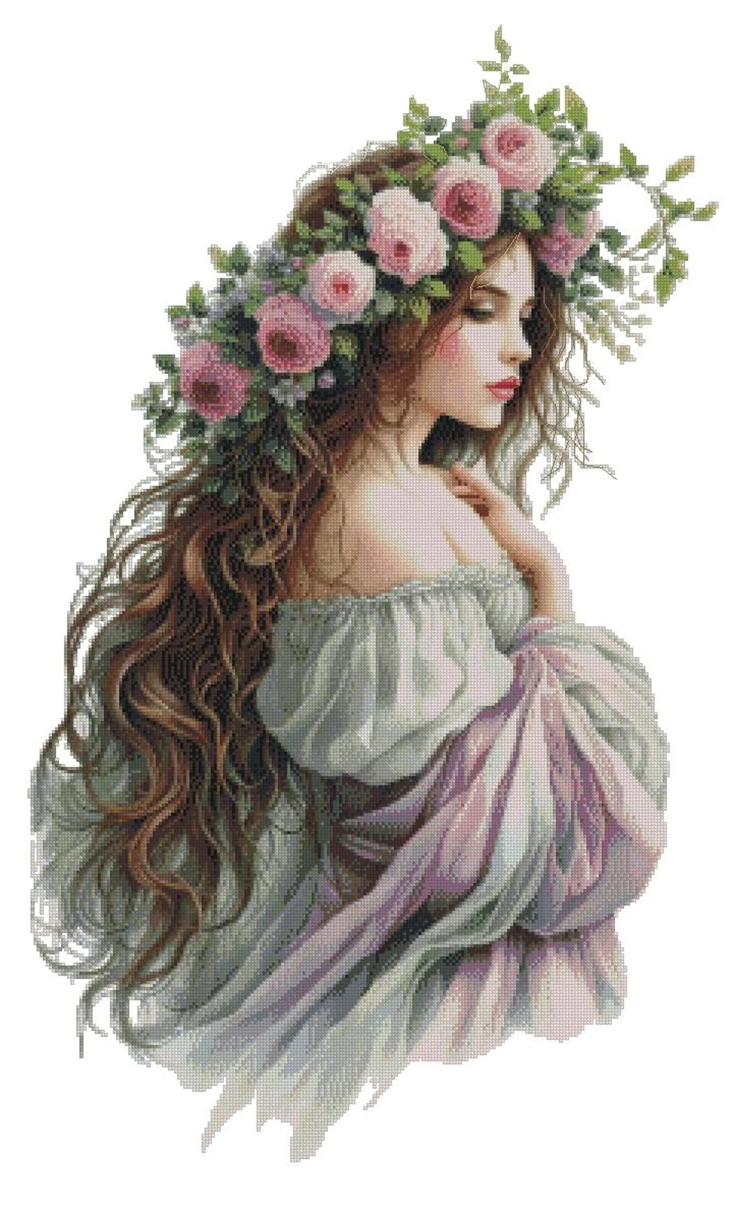 Lady with flowers - Counted Cross Stitch Patterns - Printable Chart PDF Format Needlework Embroidery Crafts DIY DMC color