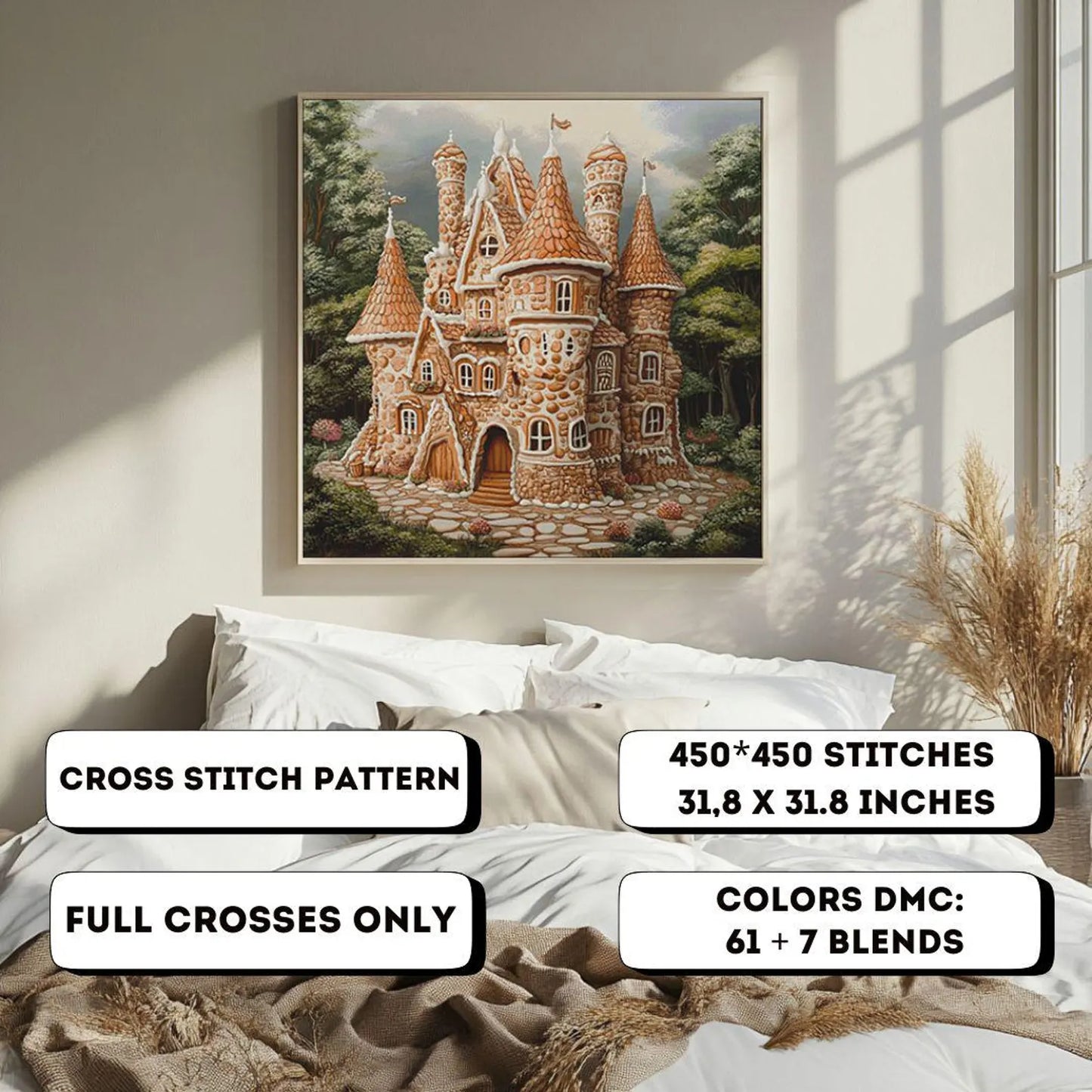 Cross Stitch Pattern PDF Gingerbread House, embroidery file, digital pattern, embroidery designs, gnome cross stitch pattern, fantasy castle