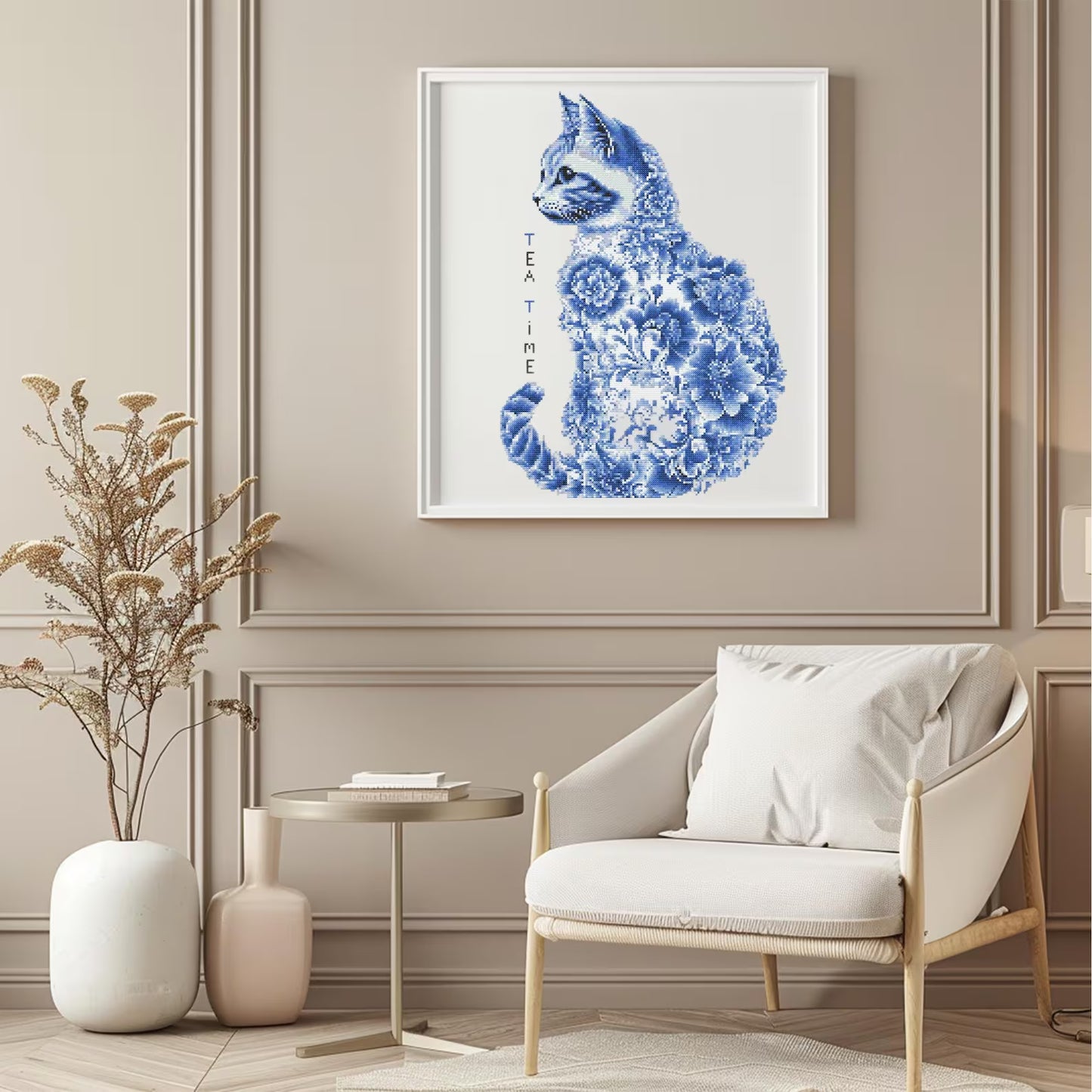 Cat Cross Stitch Pattern Instant PDF Download - Porcelain Cat Watercolor Cross Stitch Hand Embroidery Floral Cat Animal Pattern