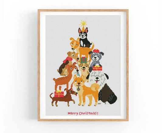 Cross stitch pattern Christmas Dog. X-mas Tree Cross stitch PDF. Merry Christmas Hand Embroidery. Puppy x-stitch. Counted cross stitch chart