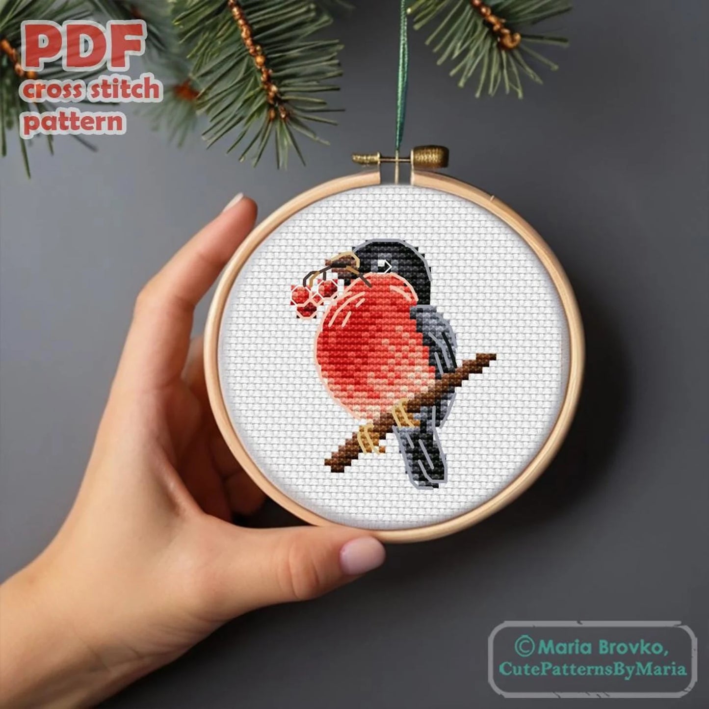 Cross Stitch Pattern Little bullfinch with berries DMC Chart Embroidery Chart Printable PDF Instant Download