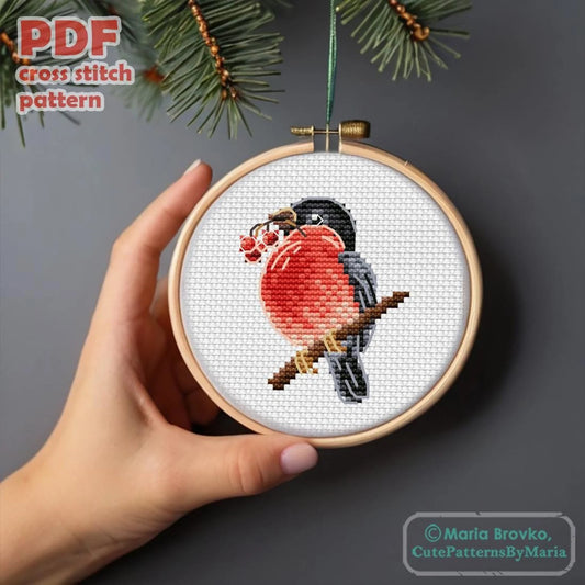 Cross Stitch Pattern Little bullfinch with berries DMC Chart Embroidery Chart Printable PDF Instant Download