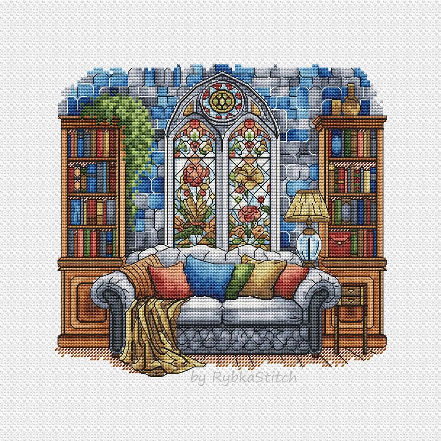 Vintage Cross Stitch Pattern PDF, Flowers Counted Cross Stitch, Spring Cross Stitch, Vintage Window Embroidery Digital File Instant Download