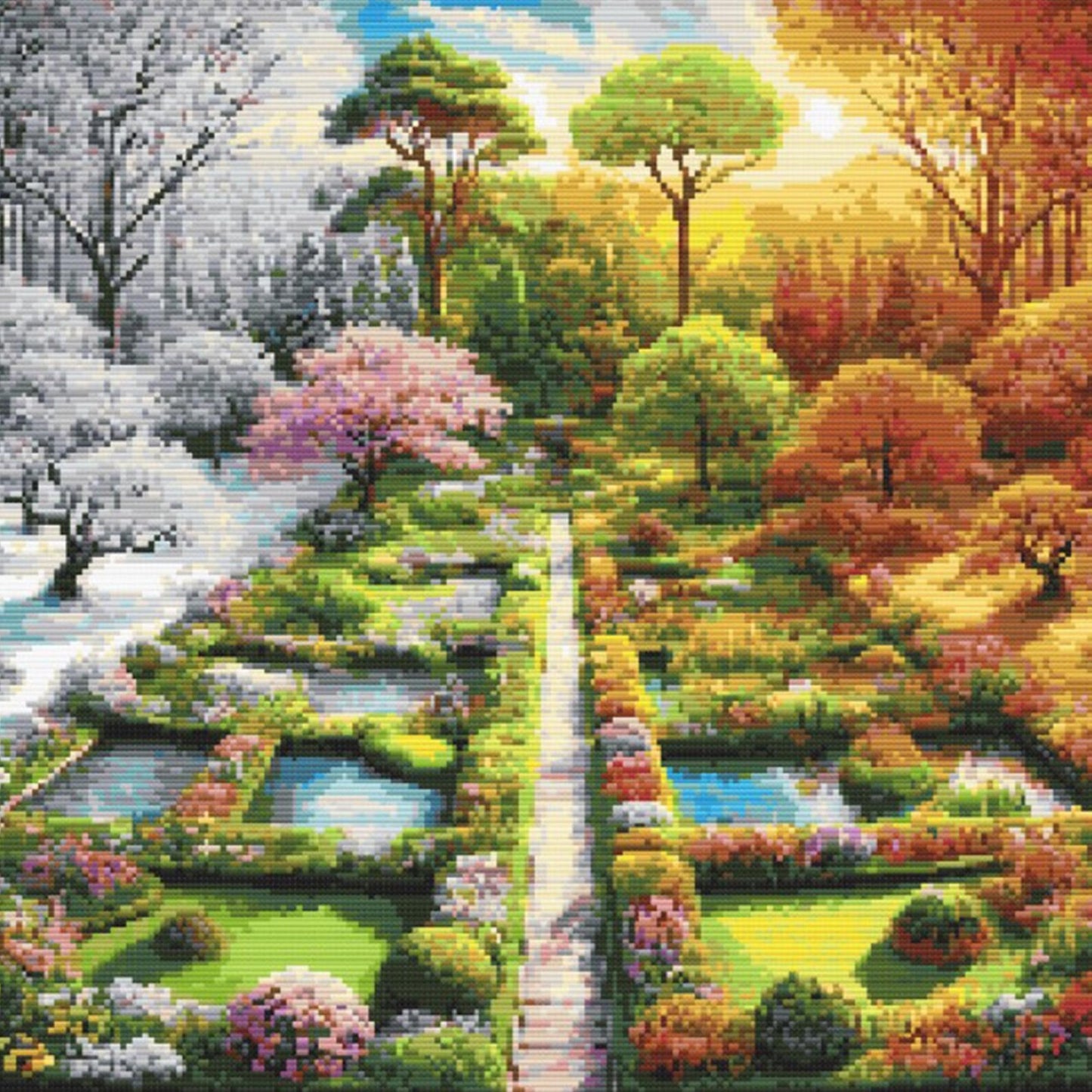 Four Seasons Garden Cross Stitch Pattern - Vibrant Landscape Design, Seasonal Art Embroidery Chart Temperature Design, Digital PDF Download