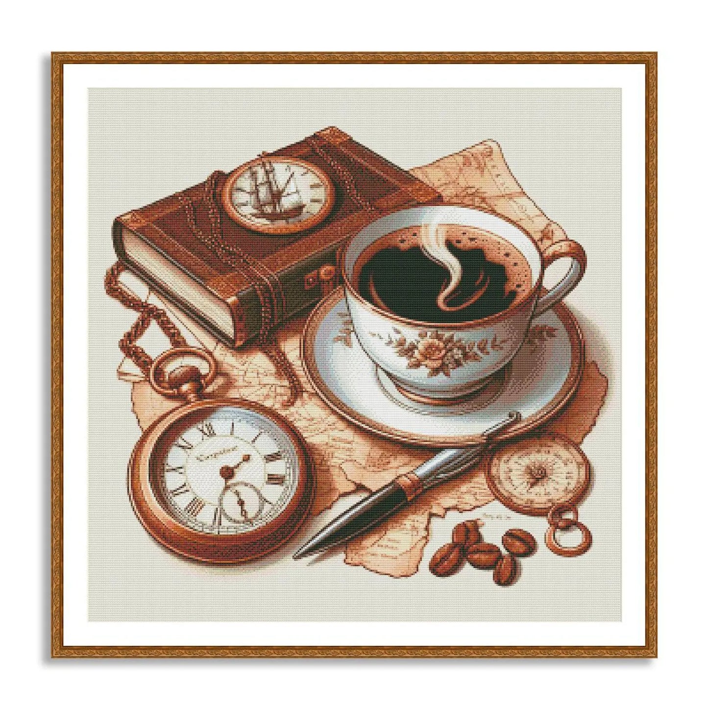 Cup of coffee Cross Stitch Pattern Digital Pattern Kitchen Still Life DIY Book Clock Pattern Hand Embroidery pattern Needlepoint chart PDF