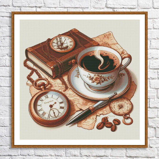 Cup of coffee Cross Stitch Pattern Digital Pattern Kitchen Still Life DIY Book Clock Pattern Hand Embroidery pattern Needlepoint chart PDF