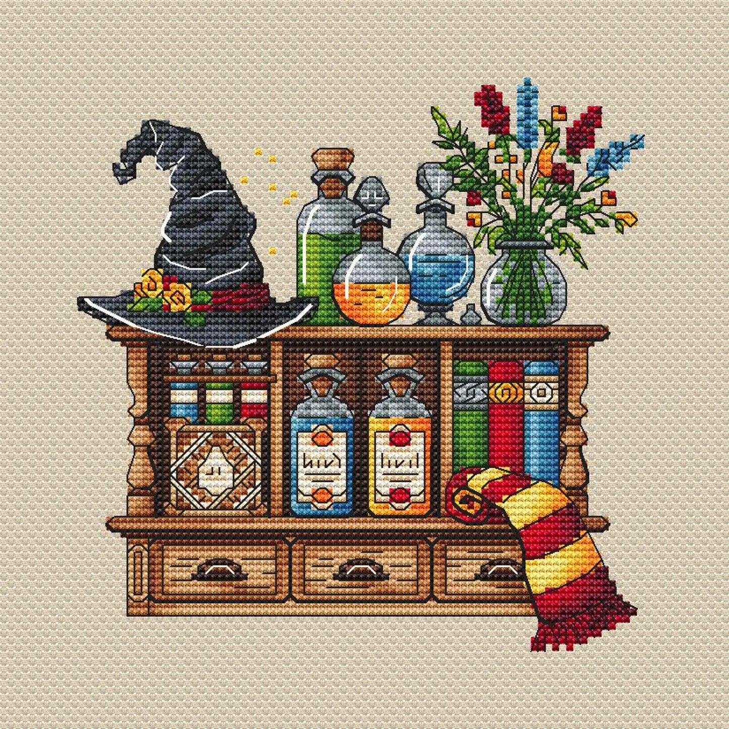 Wizards Bookshelf Cross Stitch Pattern PDF, Sorcerers Room Embroidery, Magic Counted Cross Stitch, Magician Decor Design Digital PDF