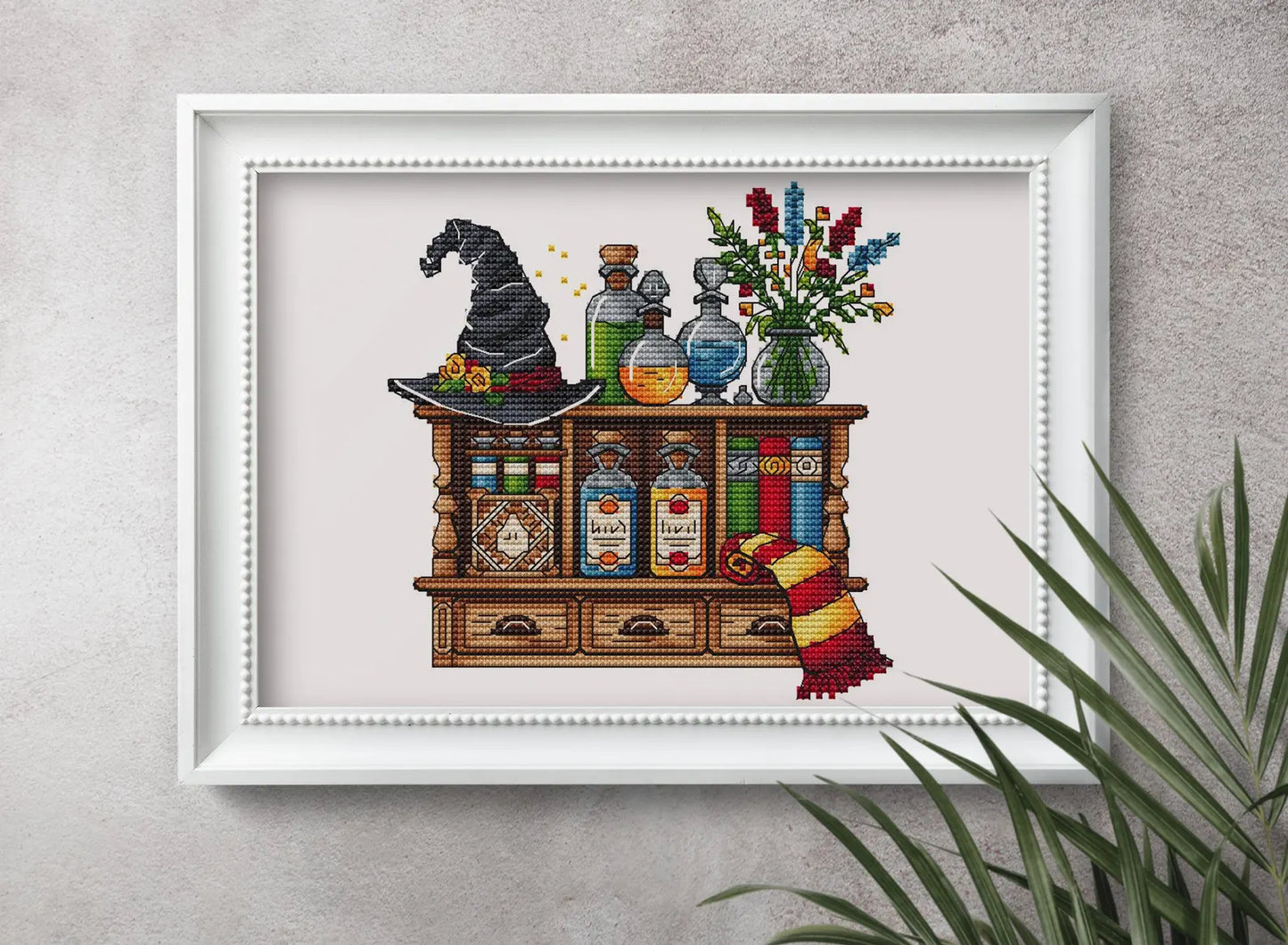 Wizards Bookshelf Cross Stitch Pattern PDF, Sorcerers Room Embroidery, Magic Counted Cross Stitch, Magician Decor Design Digital PDF