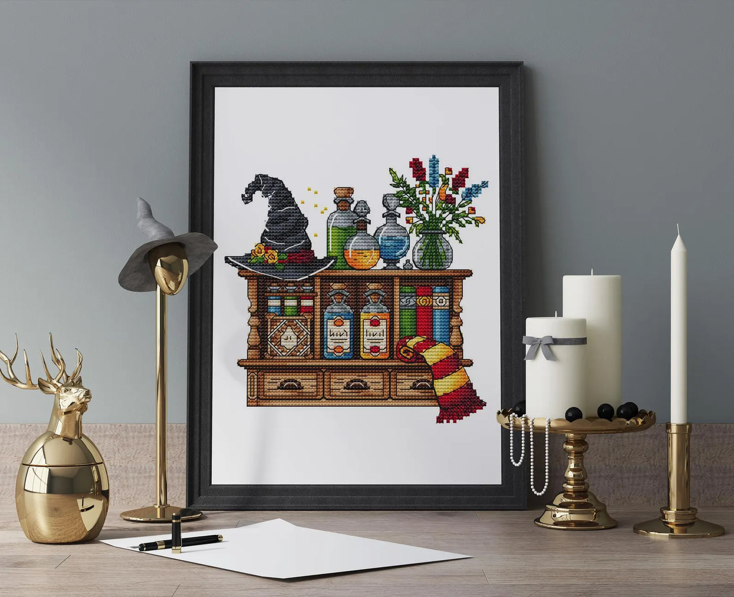 Wizards Bookshelf Cross Stitch Pattern PDF, Sorcerers Room Embroidery, Magic Counted Cross Stitch, Magician Decor Design Digital PDF