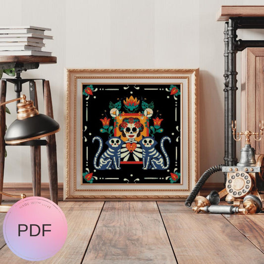Folk Art Skeleton With Cat Skeletons Cross Stitch Pattern, Watercolor X Stitch Chart , Instant Download, Pdf, Day of the Dead