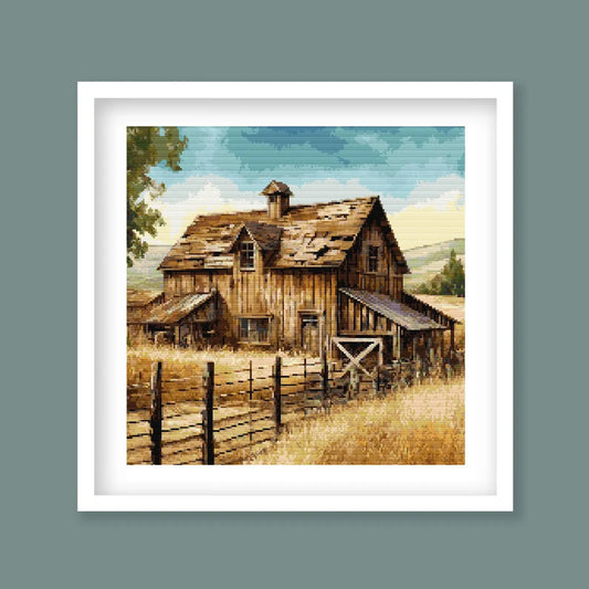 Rustic Barn Cross Stitch Pattern – Vintage Farmhouse Needlework Design. Digital Download