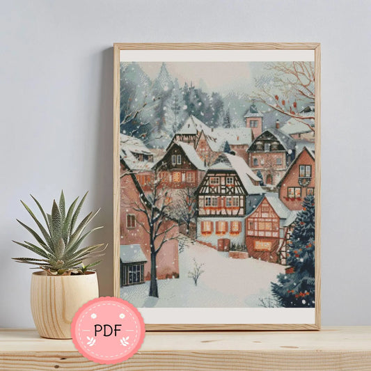 Cross Stitch Pattern,Bavaria In Winter,Old Town,X Stitch Chart,Snowy Landscape,Bavarian Village,German Village,Full Coverage,Old Town Houses