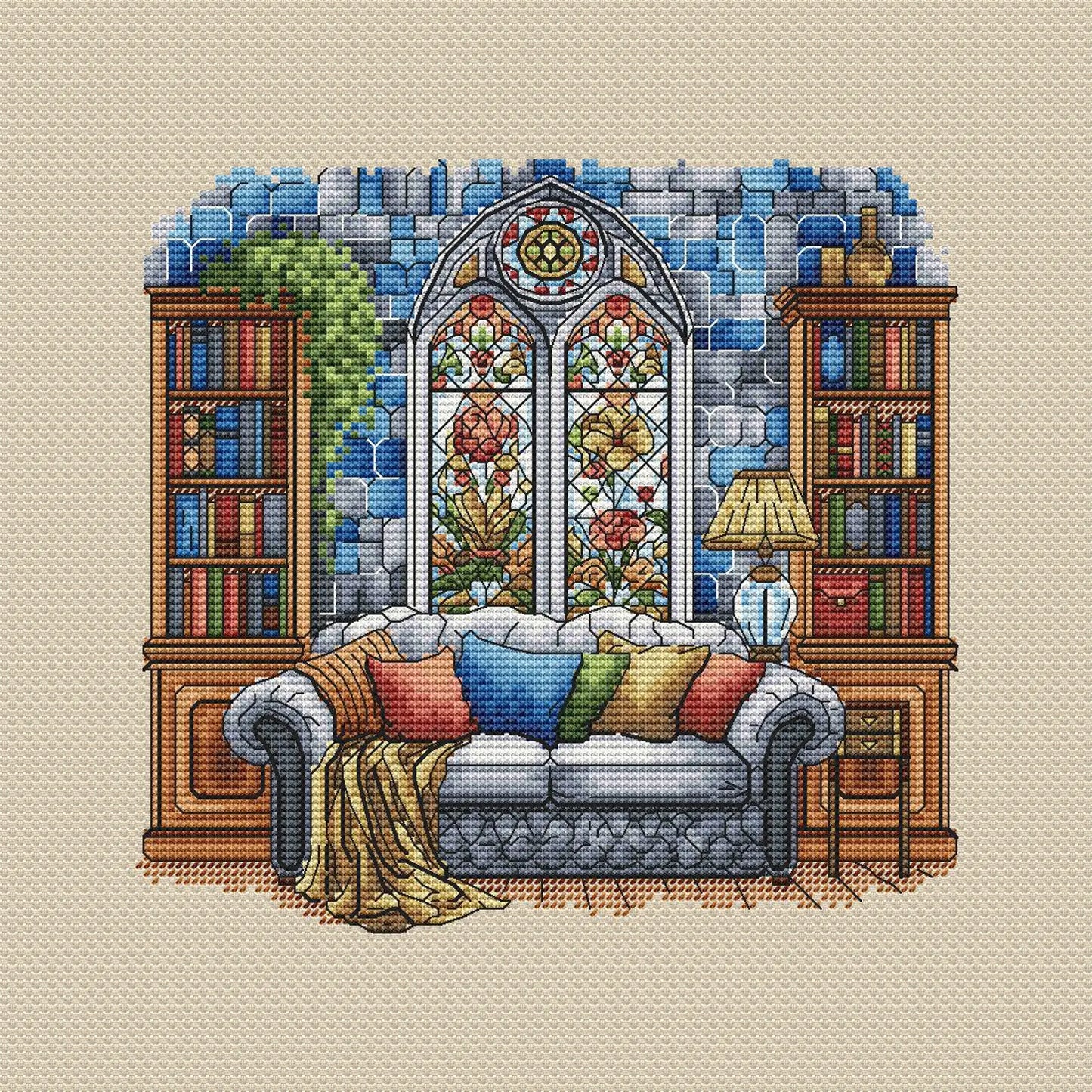Vintage Cross Stitch Pattern PDF, Flowers Counted Cross Stitch, Spring Cross Stitch, Vintage Window Embroidery Digital File Instant Download