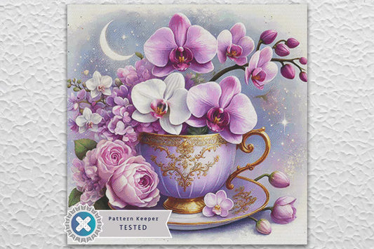 Purple Orchid Teacup Full Coverage Counted Cross Stitch Pattern Digital PDF Compatible with Pattern Keeper App. Instant Download Printable.