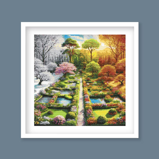 Four Seasons Garden Cross Stitch Pattern - Vibrant Landscape Design, Seasonal Art Embroidery Chart Temperature Design, Digital PDF Download