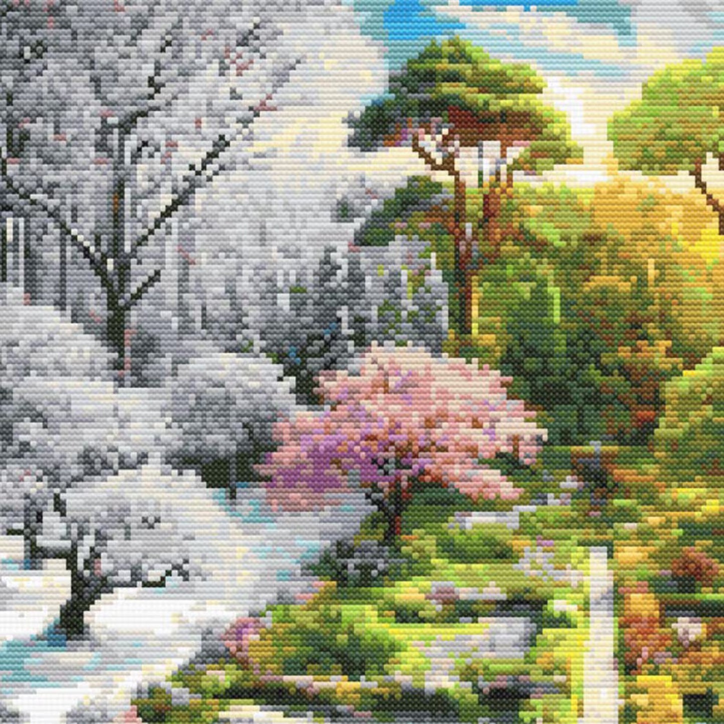 Four Seasons Garden Cross Stitch Pattern - Vibrant Landscape Design, Seasonal Art Embroidery Chart Temperature Design, Digital PDF Download