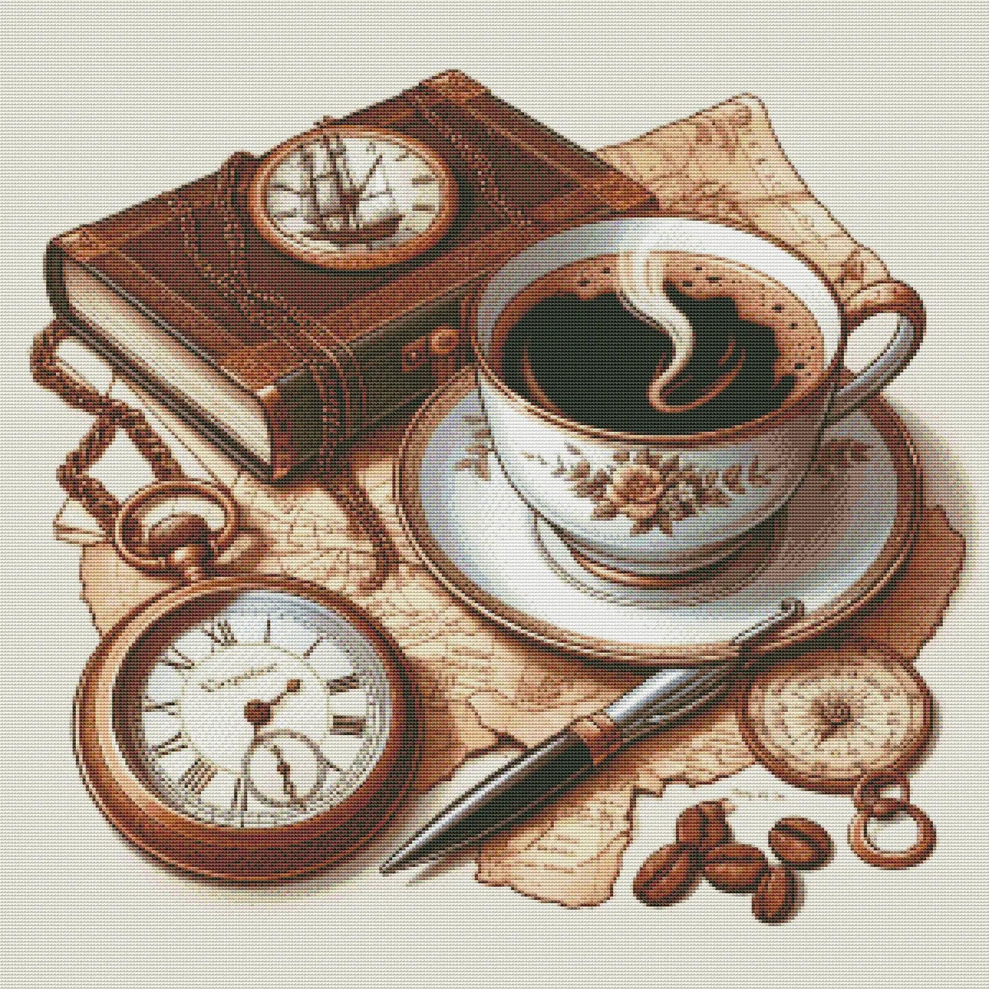 Cup of coffee Cross Stitch Pattern Digital Pattern Kitchen Still Life DIY Book Clock Pattern Hand Embroidery pattern Needlepoint chart PDF