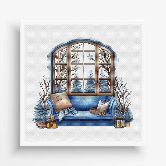 Winter Cross Stitch Pattern PDF, Interior Embroidery PDF, Winter sofa Embroidery PDF, Winter window cross stitch, Embroidery decor
