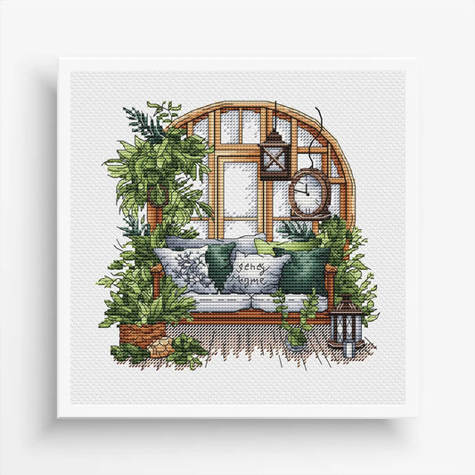 Garden Pattern for Cross Stitch, Interior Embroidery PDF, Green Garden Embroidery PDF, Terrace window cross stitch, Embroidery decor
