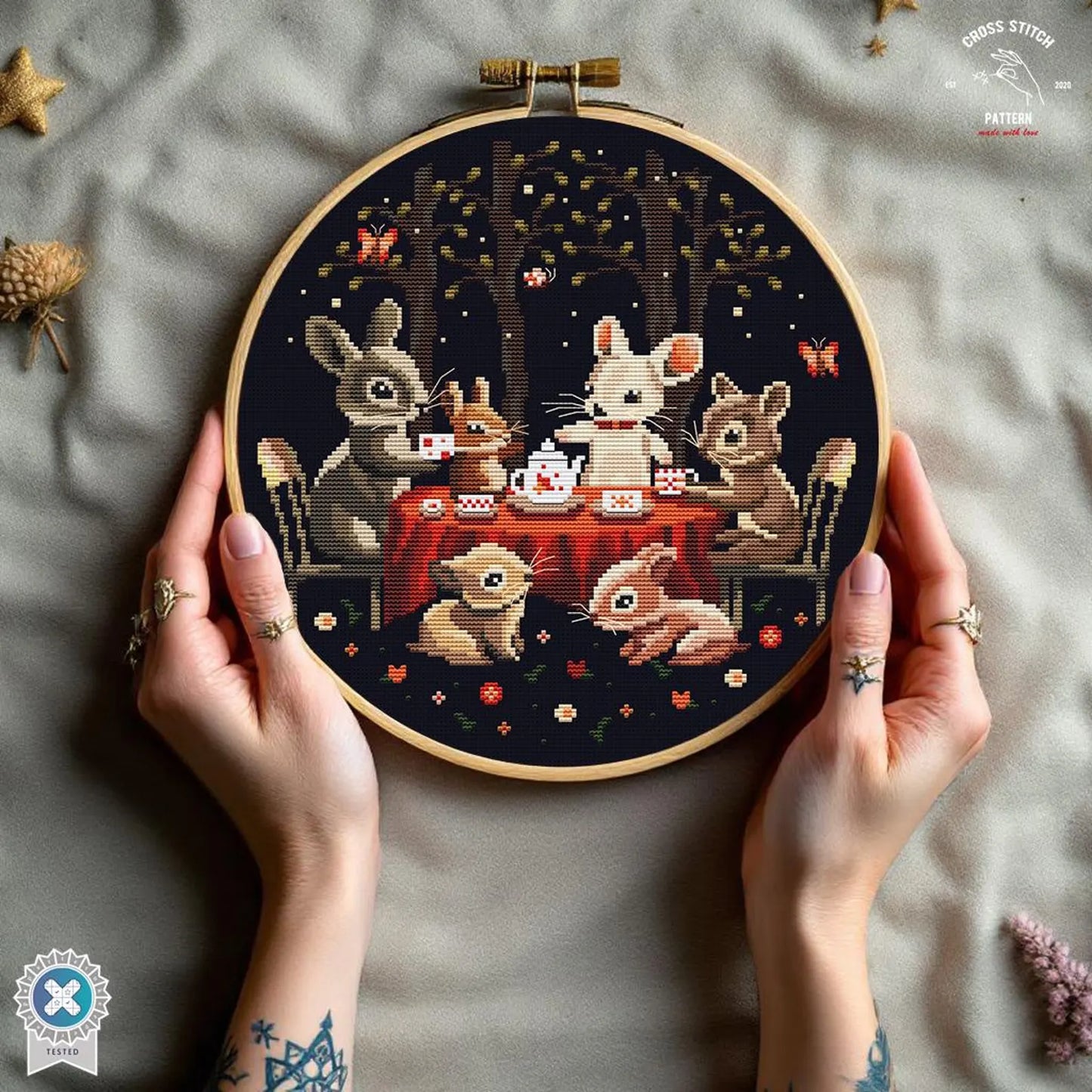 Woodland Animals Cross Stitch Pattern Tea Party Embroidery Design with Rabbit Mouse Squirrel Enchanted Forest Night Stitch Chart Storybook