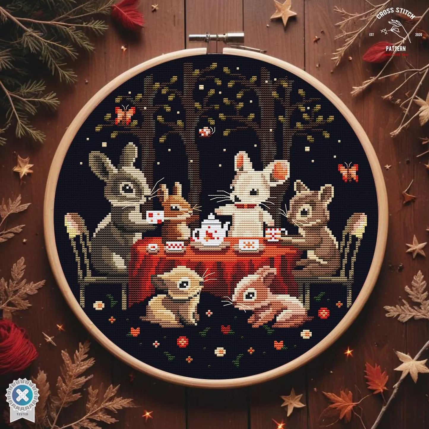 Woodland Animals Cross Stitch Pattern Tea Party Embroidery Design with Rabbit Mouse Squirrel Enchanted Forest Night Stitch Chart Storybook