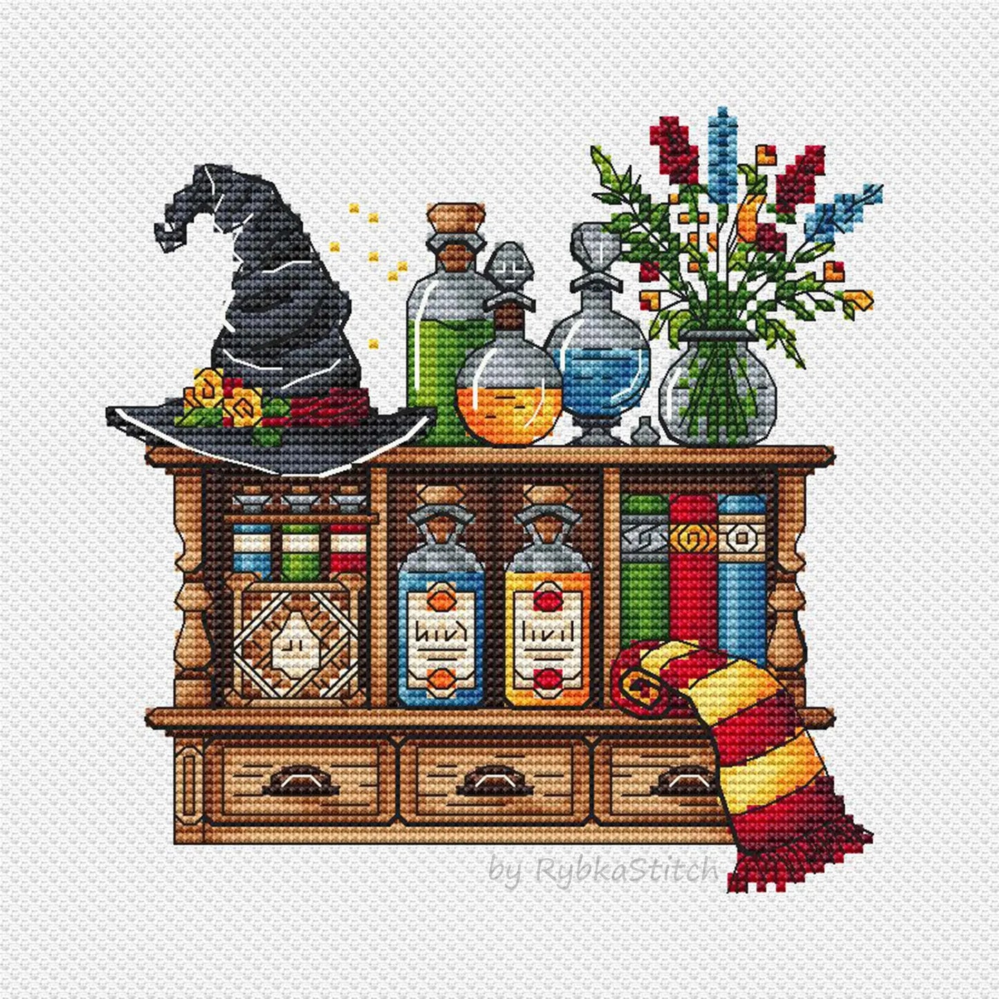 Wizards Bookshelf Cross Stitch Pattern PDF, Sorcerers Room Embroidery, Magic Counted Cross Stitch, Magician Decor Design Digital PDF
