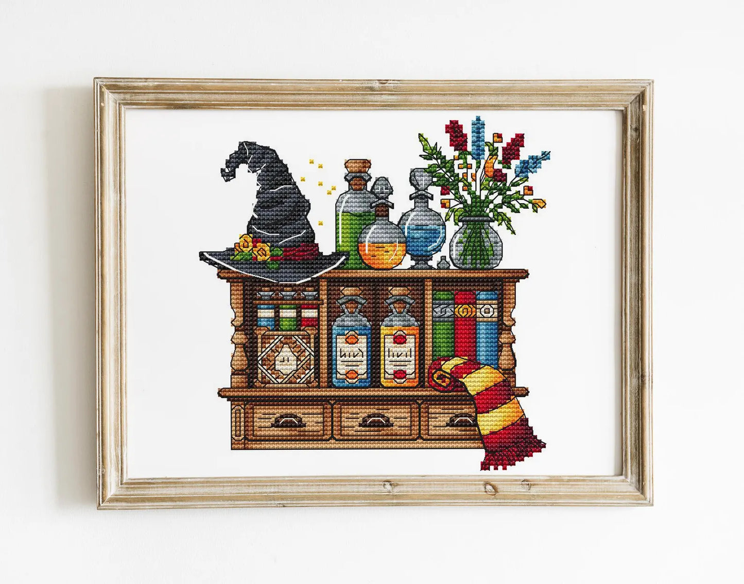 Wizards Bookshelf Cross Stitch Pattern PDF, Sorcerers Room Embroidery, Magic Counted Cross Stitch, Magician Decor Design Digital PDF