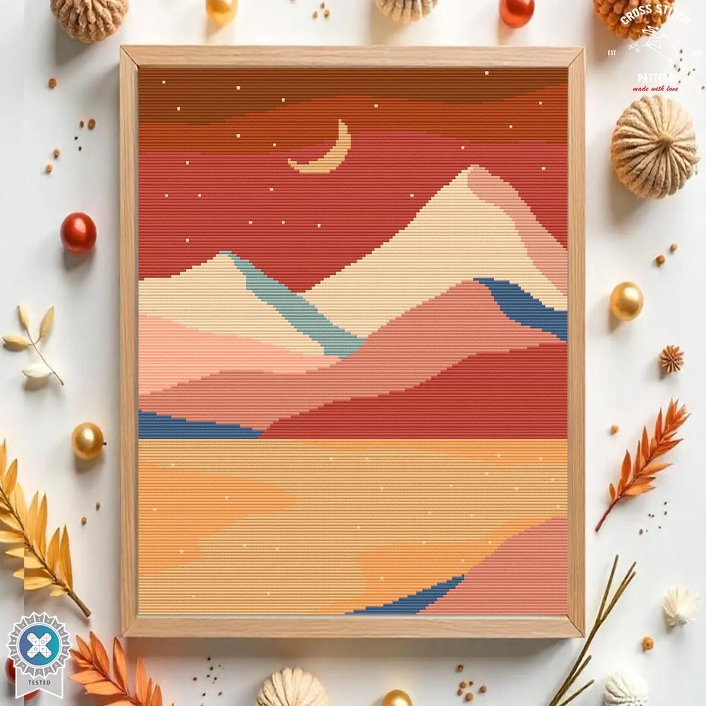 Mountain Cross Stitch Pattern, Sunset Landscape Design, Modern Nature Embroidery, minimalist cross stitch, Abstract Geometric Wall Art