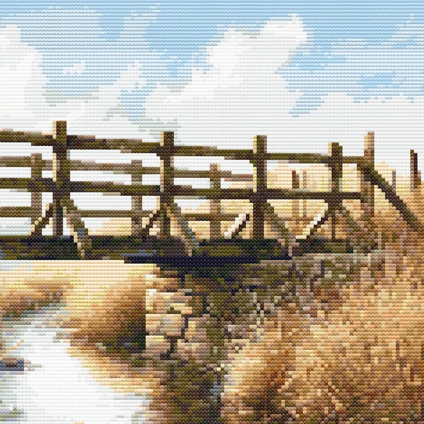 Rustic Wooden Bridge Cross Stitch Pattern - Scenic Creek and Countryside Embroidery Design. Digital PDF Download