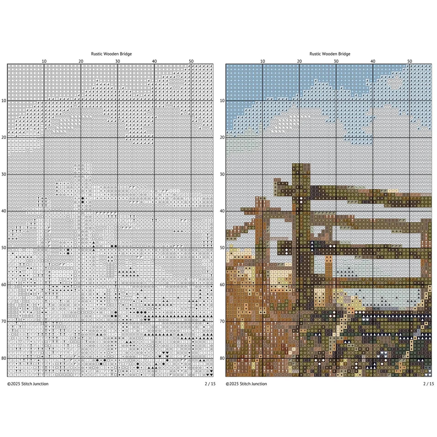 Rustic Wooden Bridge Cross Stitch Pattern - Scenic Creek and Countryside Embroidery Design. Digital PDF Download