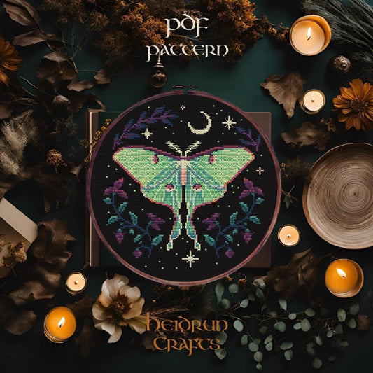 Luna Moth Cross Stitch Pattern PDF – Digital Download, Gothic Witchy Cross Stitch, Moon Phase Embroidery, Cottagecore & Mystical Decor
