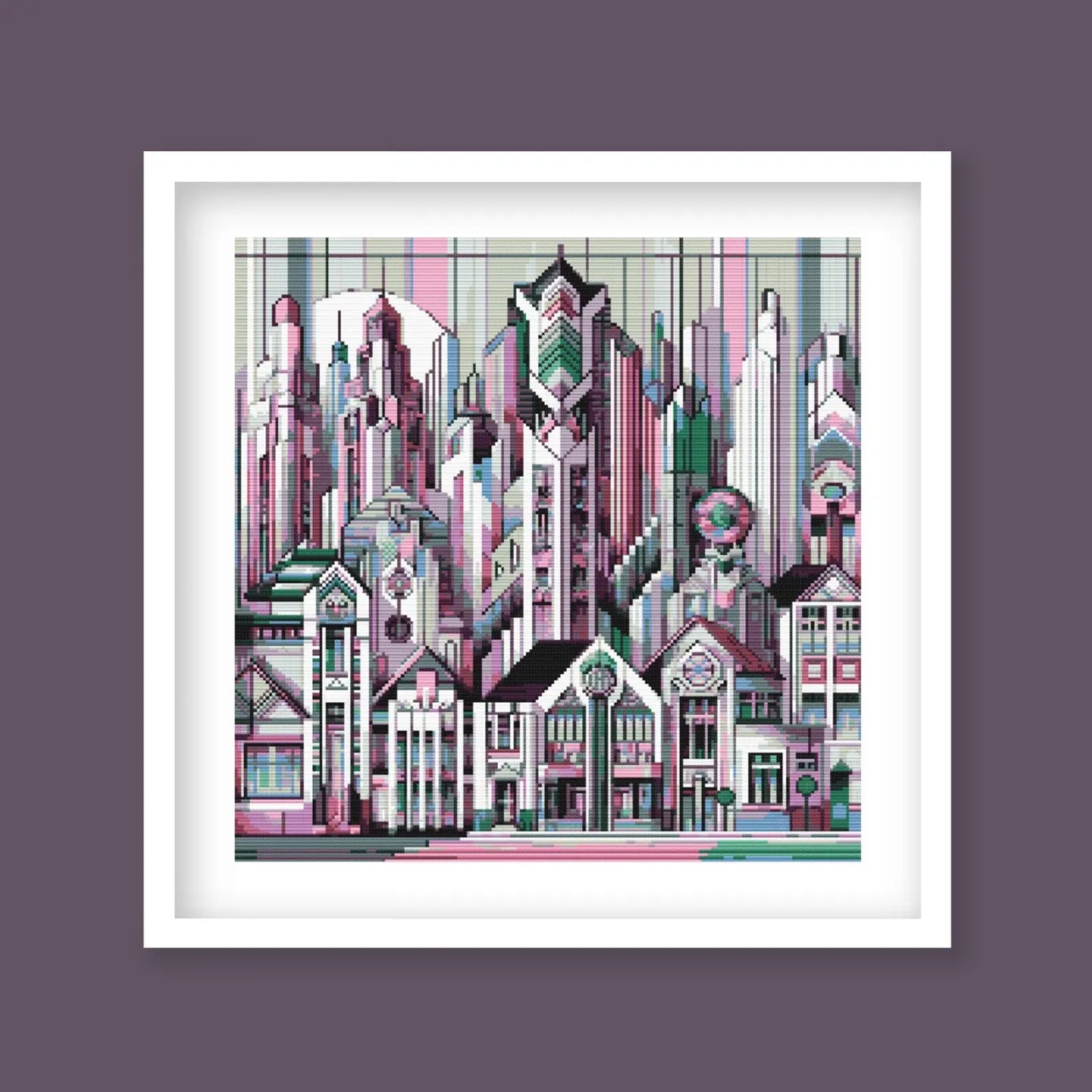 Art Deco City Cross Stitch Pattern – Modern Geometric Skyline, Urban Architecture Embroidery, Digital PDF Download.