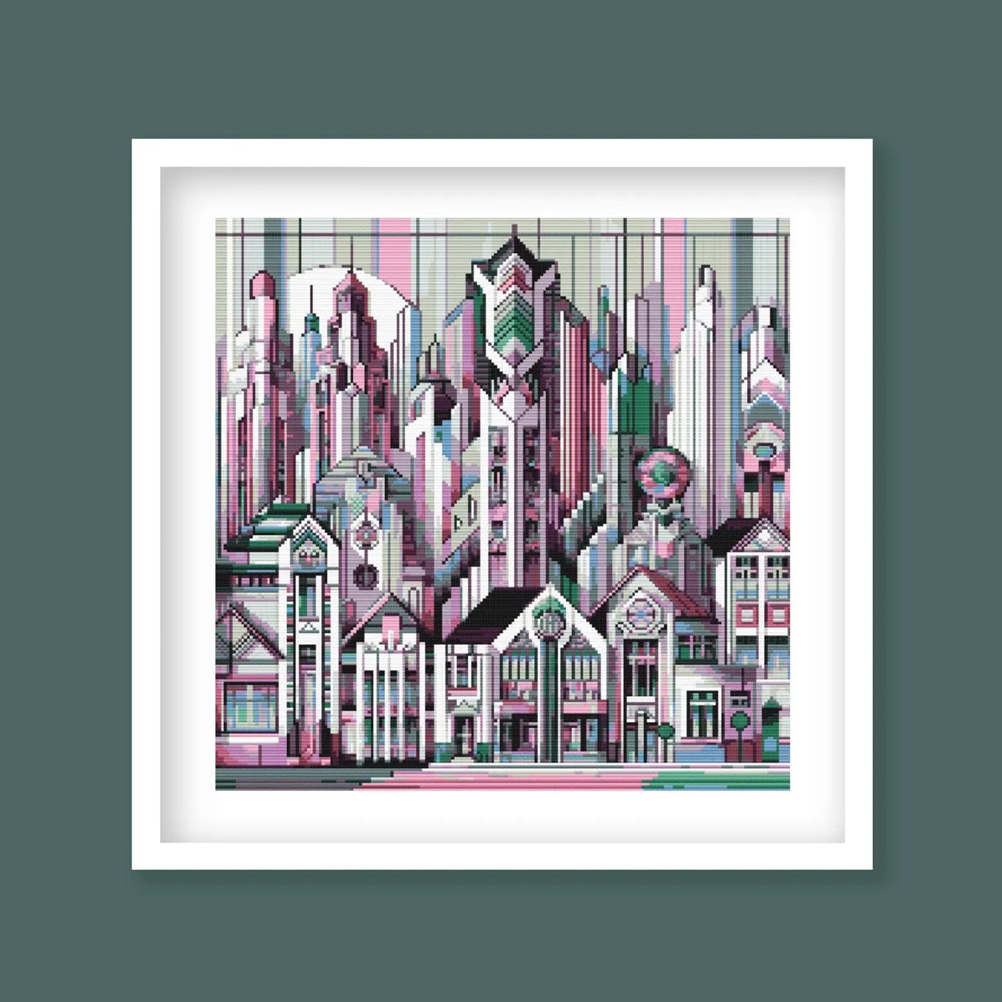 Art Deco City Cross Stitch Pattern – Modern Geometric Skyline, Urban Architecture Embroidery, Digital PDF Download.