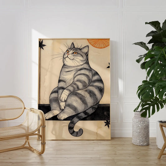Vintage Cat Poster, Happy Chubby Tabby Cat Art Print, Japanese Decor, Printable Wall Art, Retro Wall Decor, Whimsical Cat Wall Art