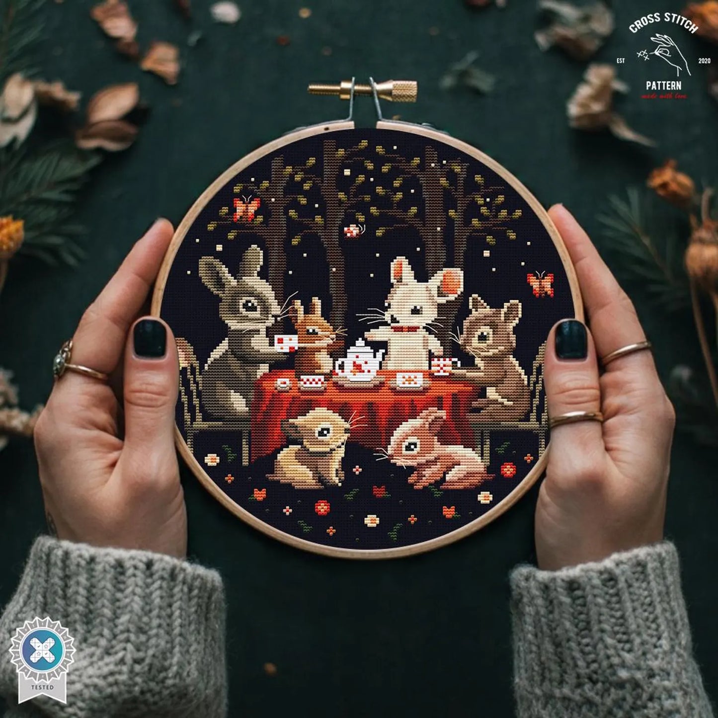 Woodland Animals Cross Stitch Pattern Tea Party Embroidery Design with Rabbit Mouse Squirrel Enchanted Forest Night Stitch Chart Storybook