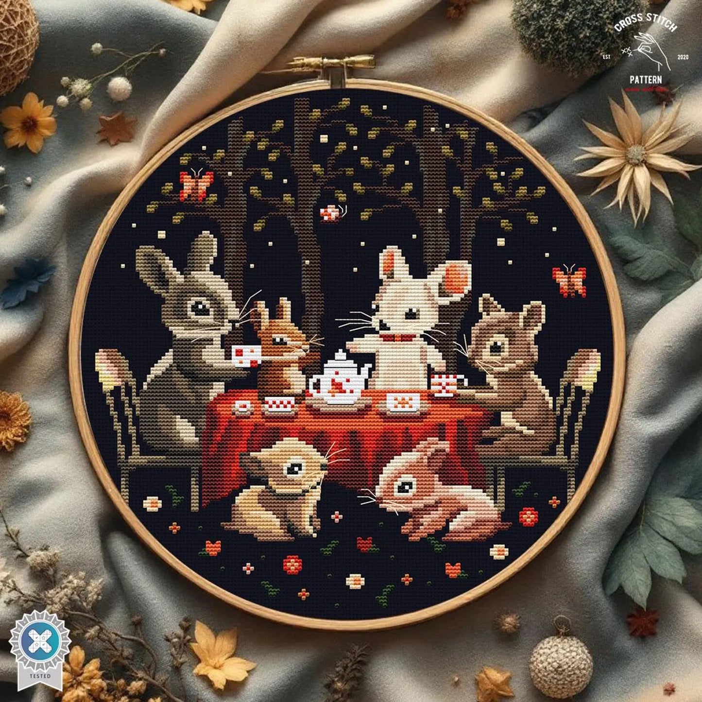 Woodland Animals Cross Stitch Pattern Tea Party Embroidery Design with Rabbit Mouse Squirrel Enchanted Forest Night Stitch Chart Storybook