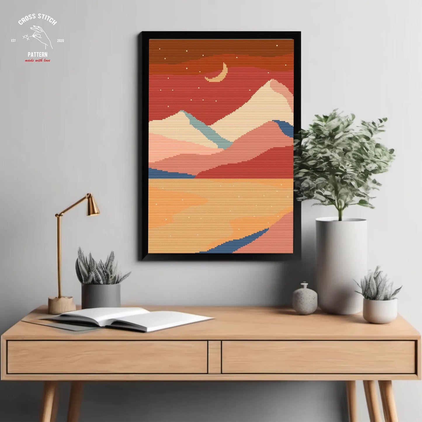 Mountain Cross Stitch Pattern, Sunset Landscape Design, Modern Nature Embroidery, minimalist cross stitch, Abstract Geometric Wall Art