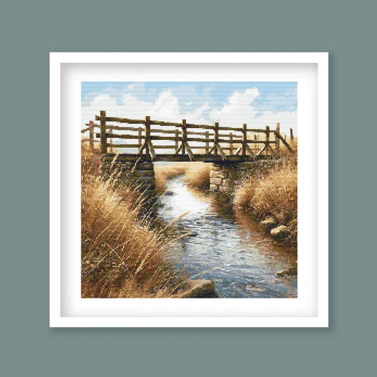 Rustic Wooden Bridge Cross Stitch Pattern - Scenic Creek and Countryside Embroidery Design. Digital PDF Download
