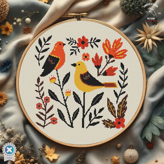Scandinavian cross stitch pattern Nordic cross stitch Folk embroidery colorful Flower bird cross stitch Vintage ornament Modern cross stitch