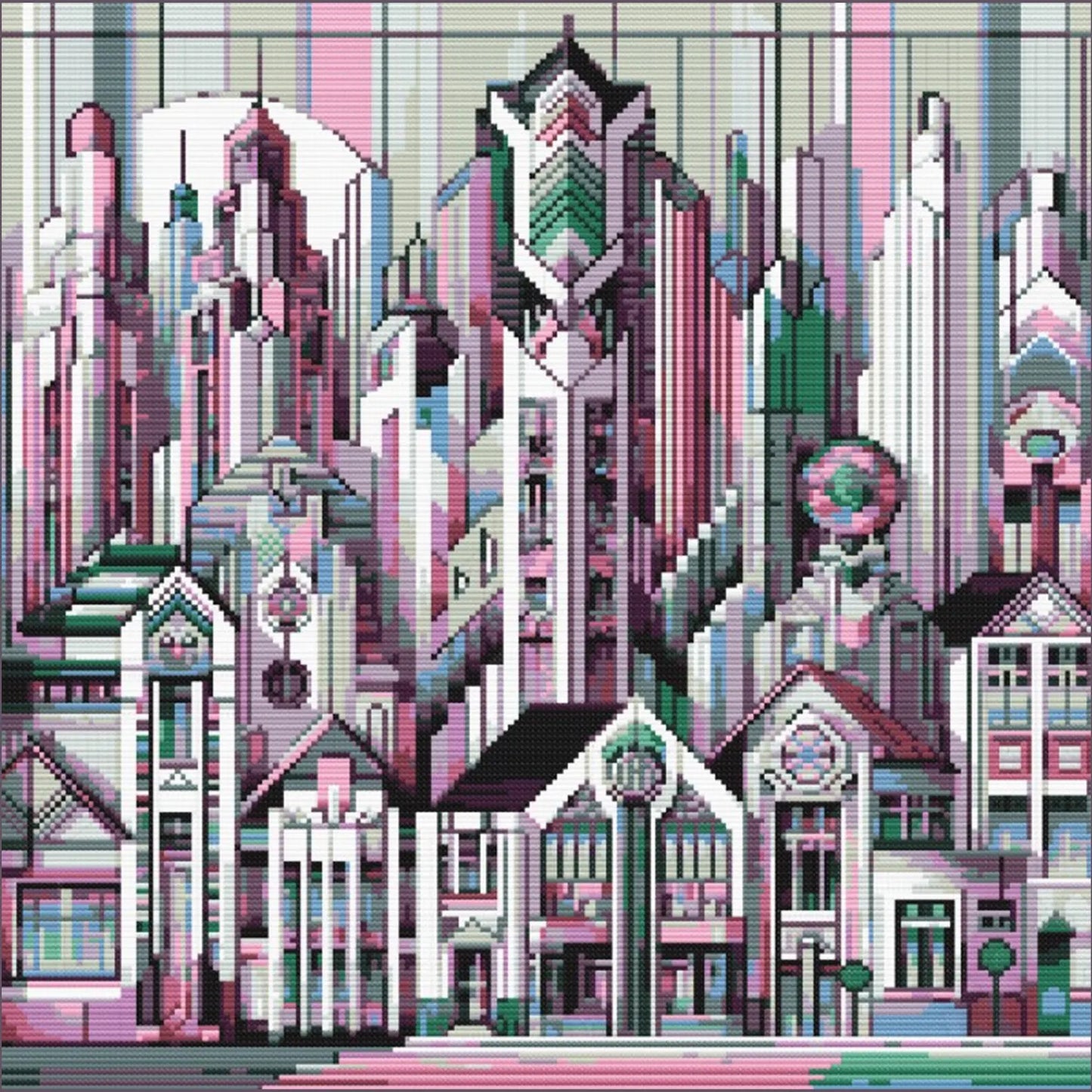 Art Deco City Cross Stitch Pattern – Modern Geometric Skyline, Urban Architecture Embroidery, Digital PDF Download.