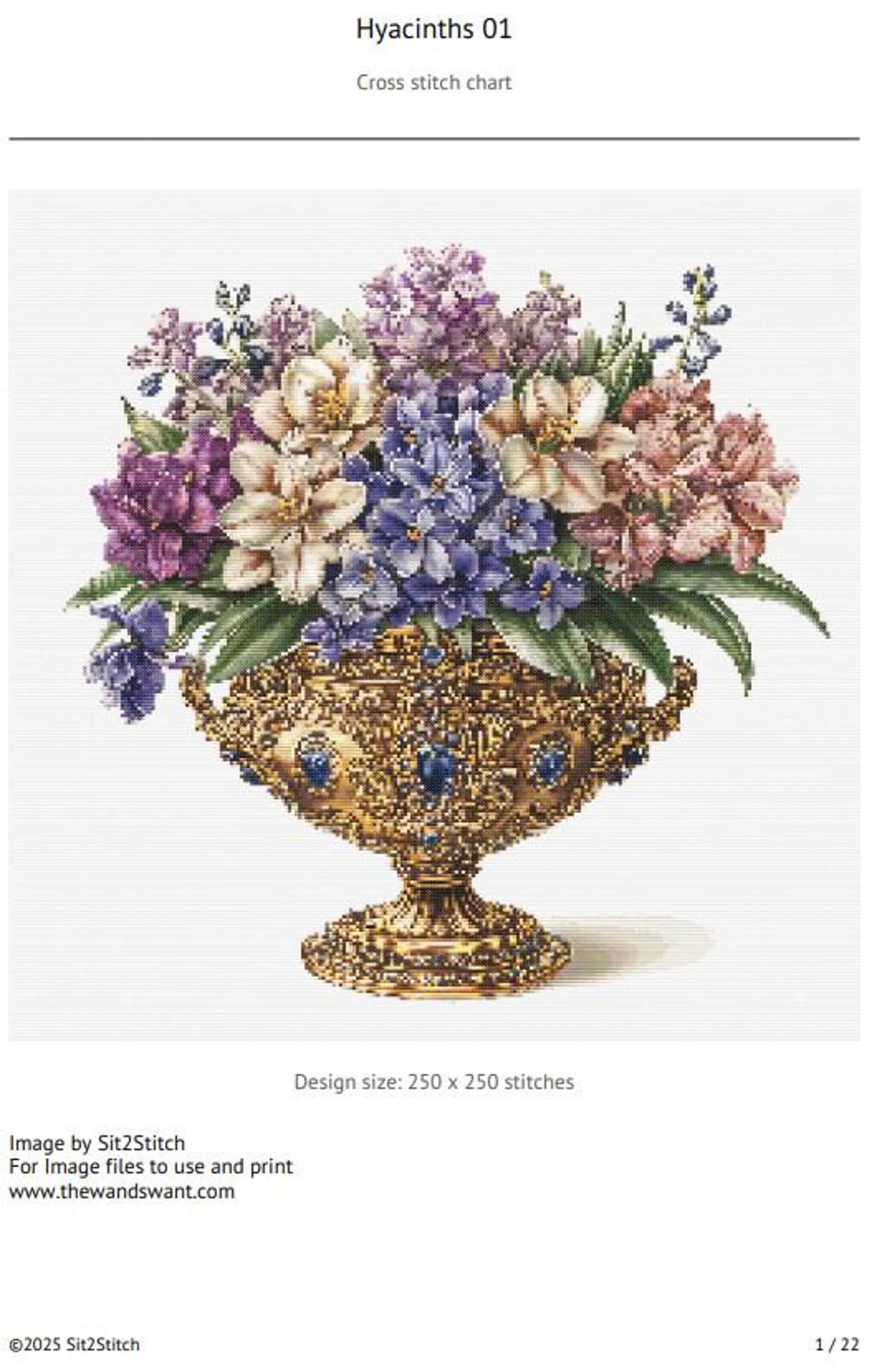 Floral bouquet ornate golden bowl Hyacinths cross stitch pattern. Instant PDF Download. 62,500 Stitches.