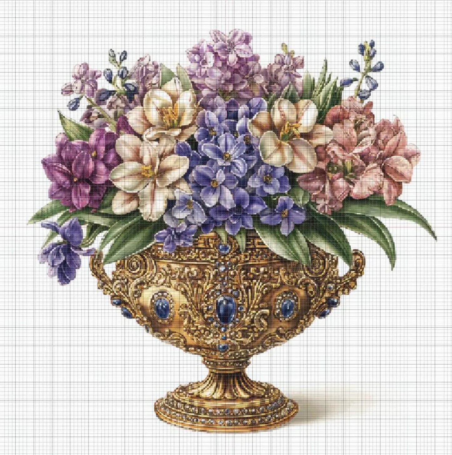 Floral bouquet ornate golden bowl Hyacinths cross stitch pattern. Instant PDF Download. 62,500 Stitches.