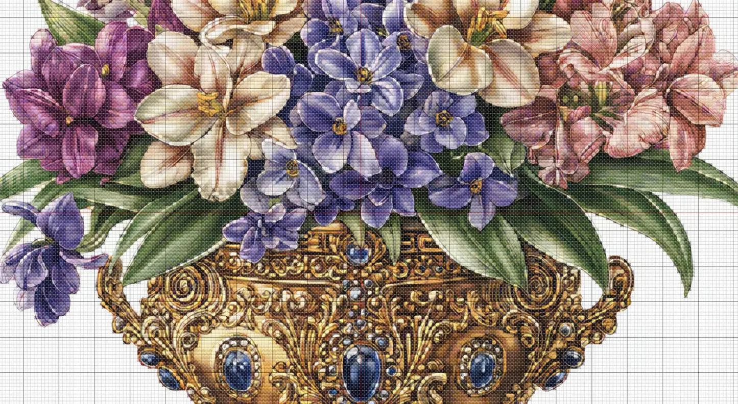 Floral bouquet ornate golden bowl Hyacinths cross stitch pattern. Instant PDF Download. 62,500 Stitches.