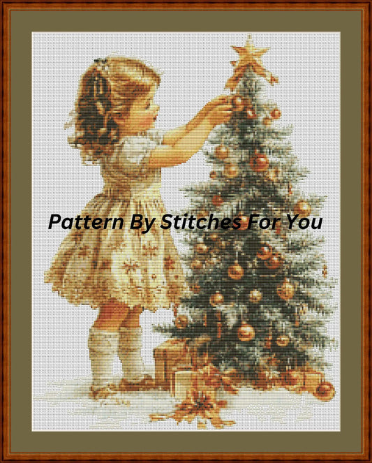 Little girl in christmas- Counted Cross Stitch Patterns - Printable Chart PDF Format Needlework Embroidery Crafts DIY DMC color