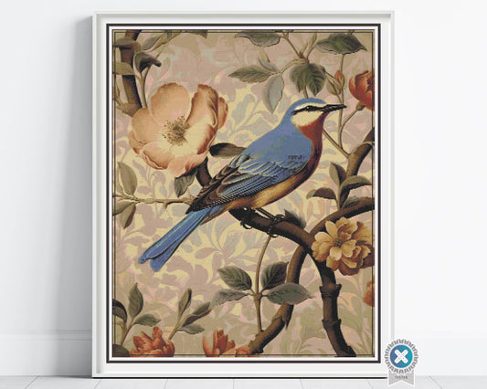 William Morris Tapestry-Inspired Vintage Bird and Tree Nature Cross Stitch Pattern, Decorative Arts & Crafts Embroidery Decor, Full Coverage