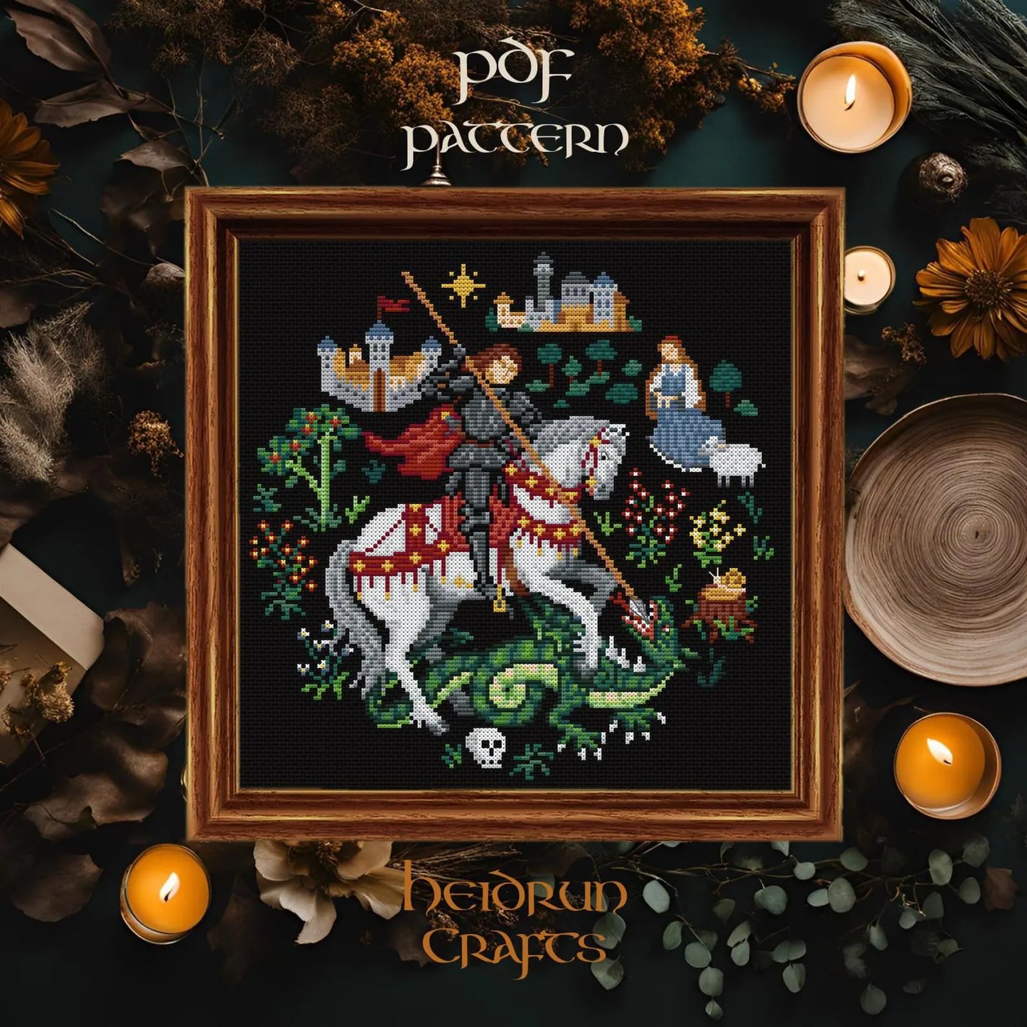 St. George and the Dragon Cross Stitch Pattern PDF – Medieval Art Style, Knight & Dragon, Castlecore, Fantasy Embroidery